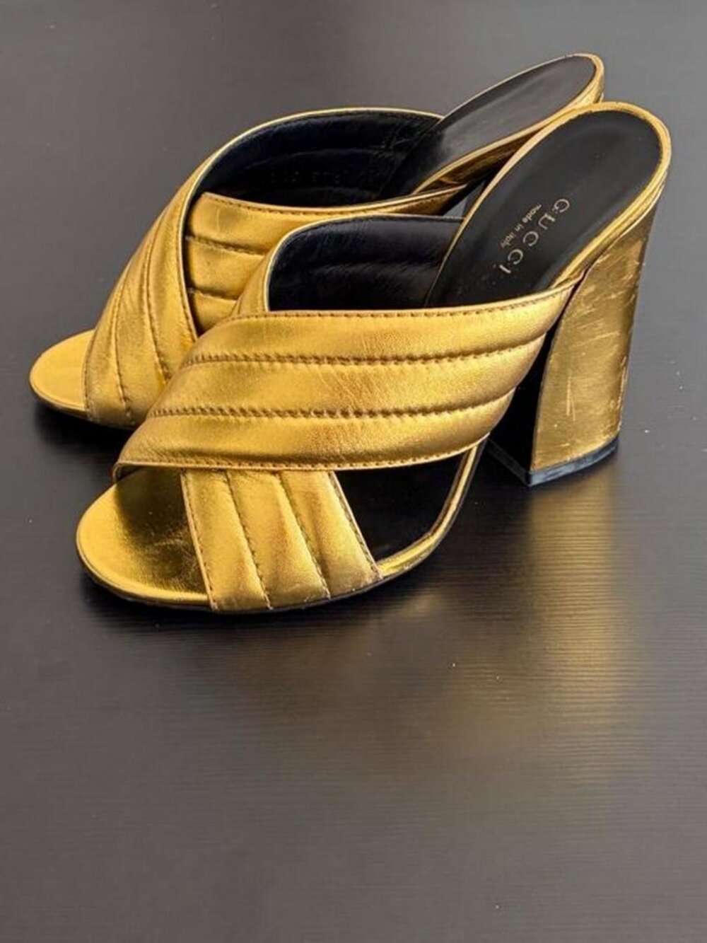Gucci Webby gold metallic quilted leather criss-cross mules, EU 37.5 / US 7.5, m